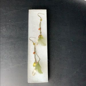 Beaded Dangling Green Feather Earrings